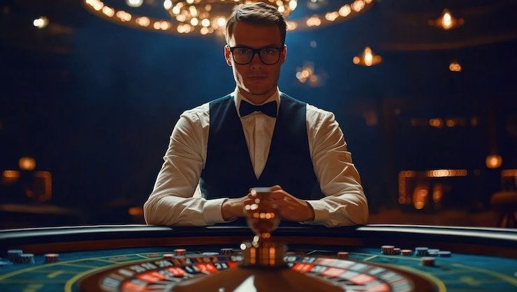 Multi-camera view of Pretty Gaming dealer and betting interface